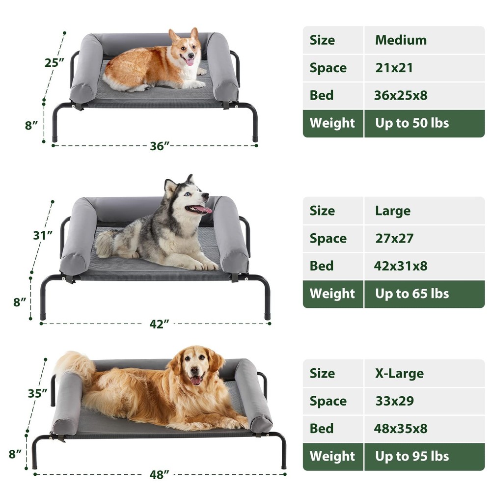Cooling Elevated Dog Bed Large Waterproof Raised Cot Slope Headrest Grey