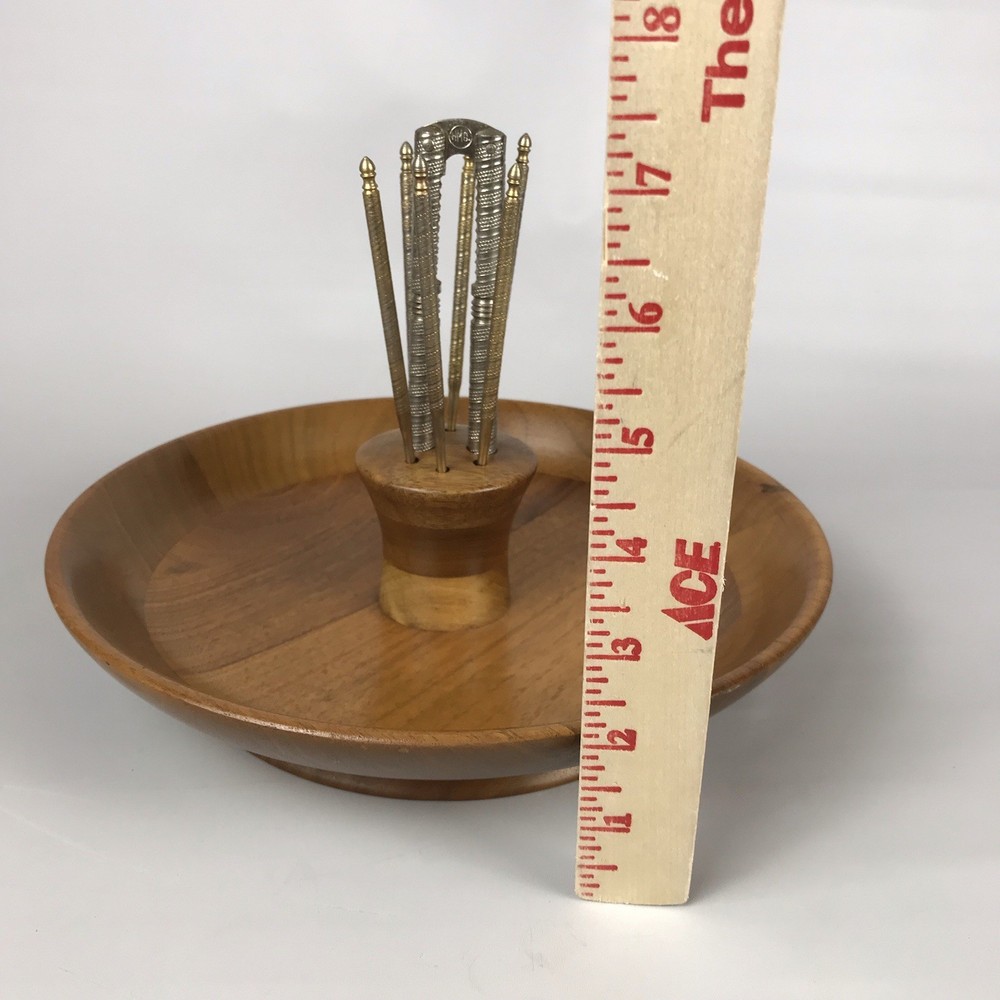 Vintage Solid American Walnut Wood Nut Serving Bowl Dish w/ Tools Cracker Picks