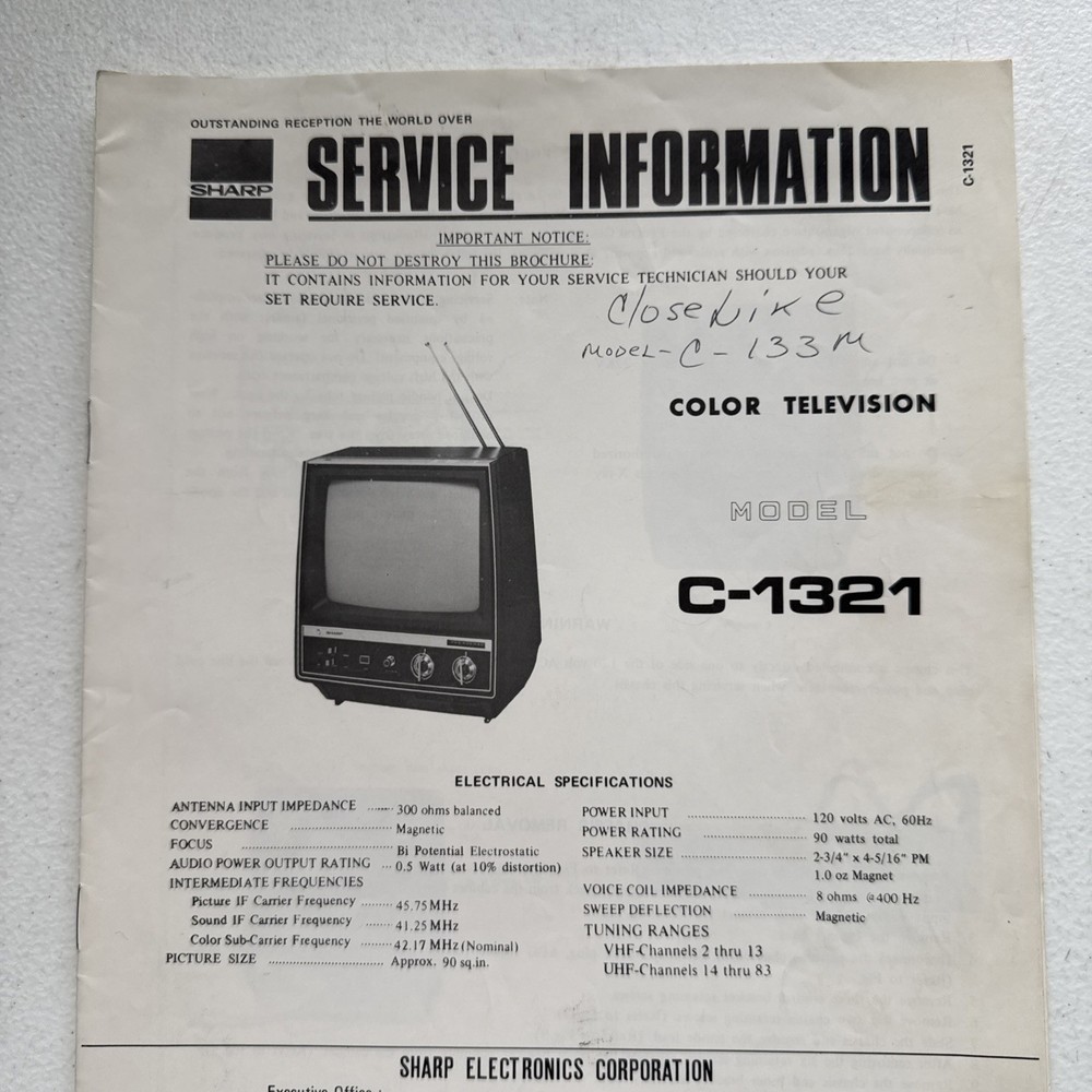 Sharp Electronics Color Television Model C-1321 Service Information