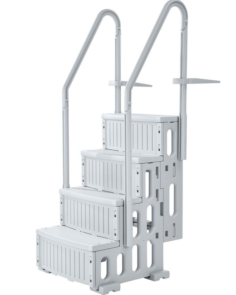4-Step Weatherproof Pool Ladder Dual Handrails 400lb Non-slip Grey