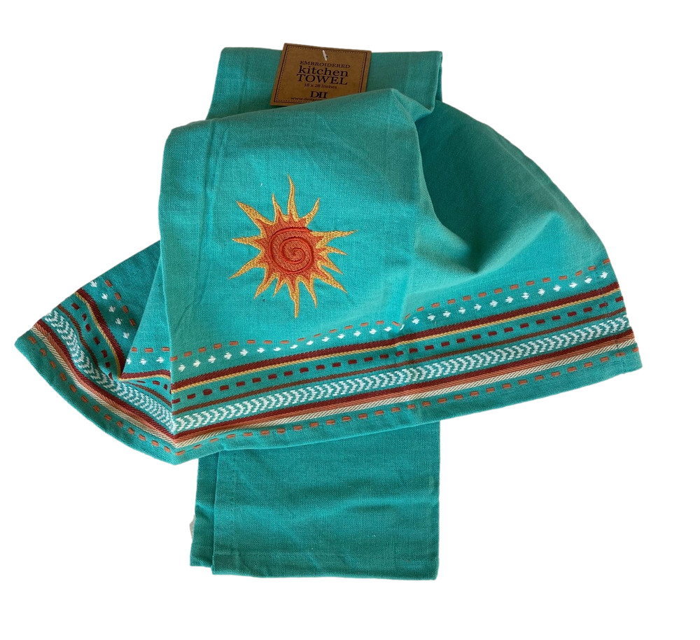 Southwest Embroidered, Turquoise Kitchen Towel, Orange Sun