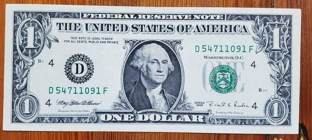 US FEDERAL RESERVE NOTE 1995 $1  OFFSET ERROR NOTE