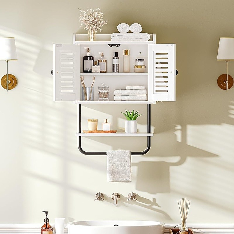 Wall Mounted Bathroom Storage Cabinet Adjustable Shelf Hooks Shutter Design New