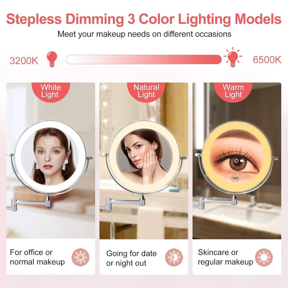 Rechargeable wall mounted illuminated vanity mirror 8 inch double sided
