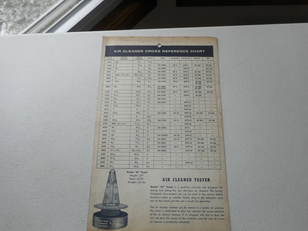 Vintage AC Air Cleaner Specification Chart 7" x 11"