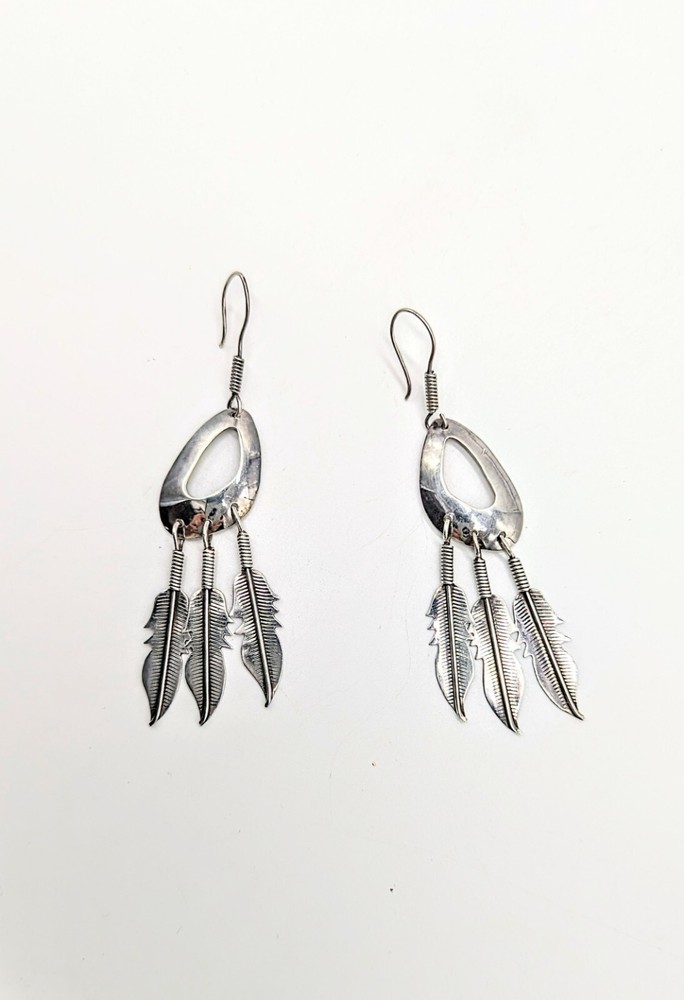 Vintage Navajo Signed D Ashley Sterling Silver Feather Earrings