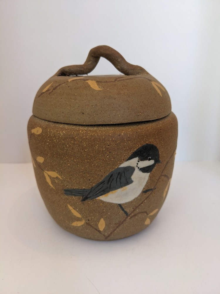 Handmade Pottery Jar Bird & Branches Pattern Handle Lid Matte Clay Brown