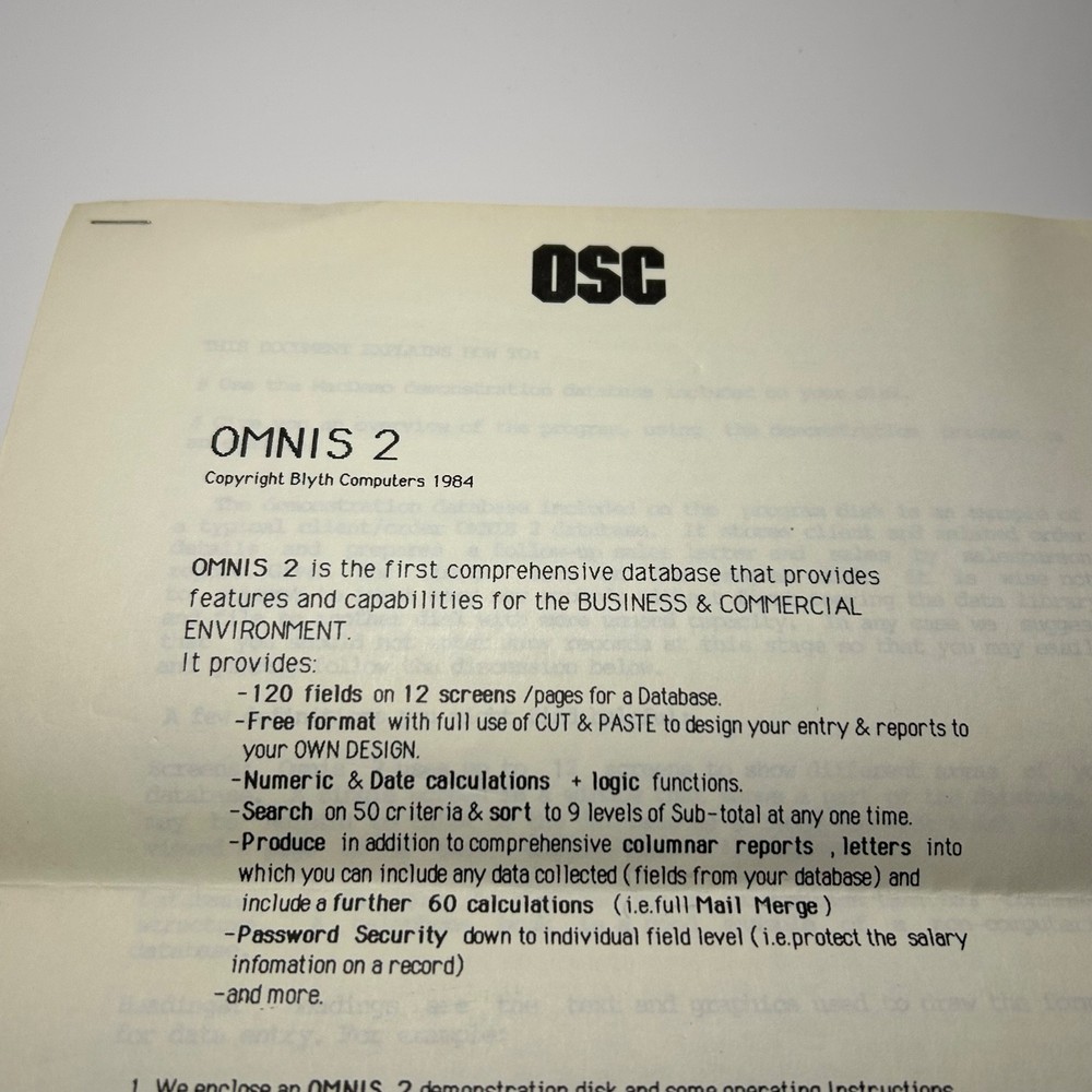 OSC Omnis 2 Original Demonstration Instructions Blyth Computers 1984 Macintosh