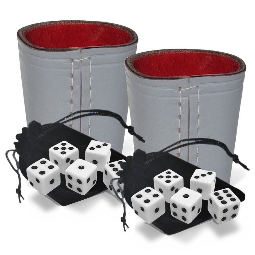 2 Sets Genuine Leather Compact Dice Cups Grey Red + White Dice Squared Corners