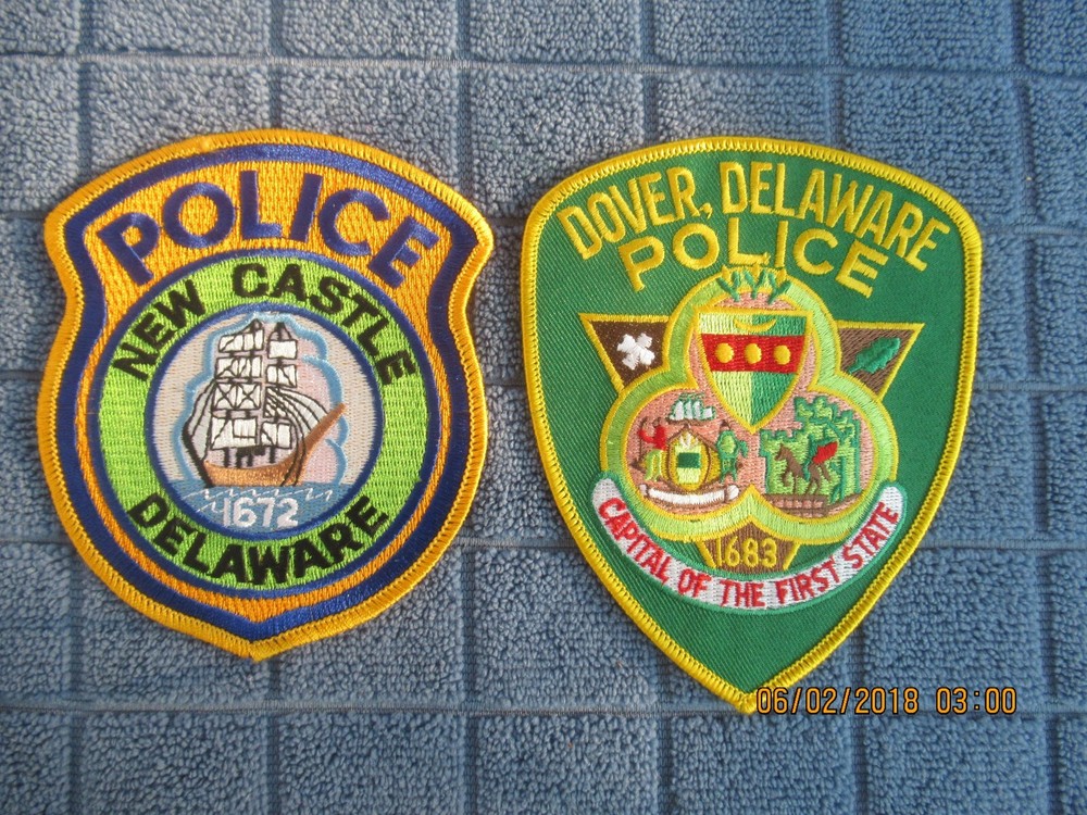 2 delaware police patchs for display only new castle/dover