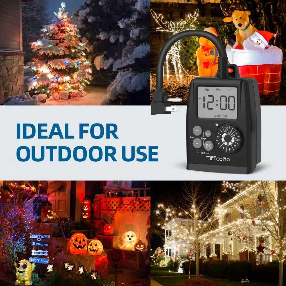TiFFCOFiO Digital Outdoor Timer Outlet, Dial Programmable 1 PACK, Black