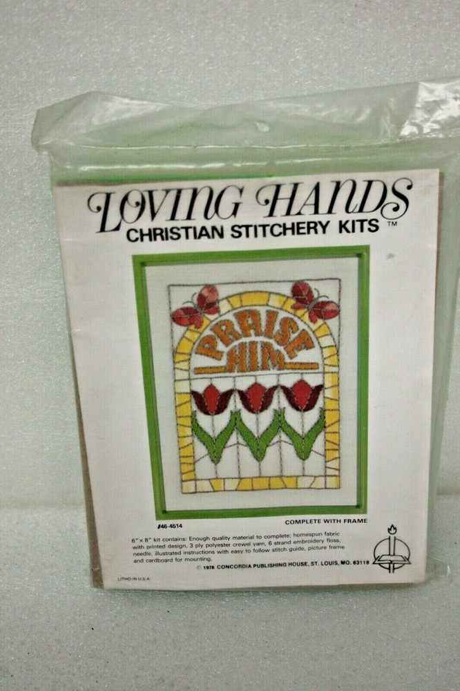 Vintage 1978 Loving Hands Christian Stitchery Kit Praise Him Complete with Frame