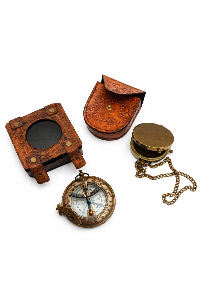 Vintage Brass Compass Set with Leather Case & Chain