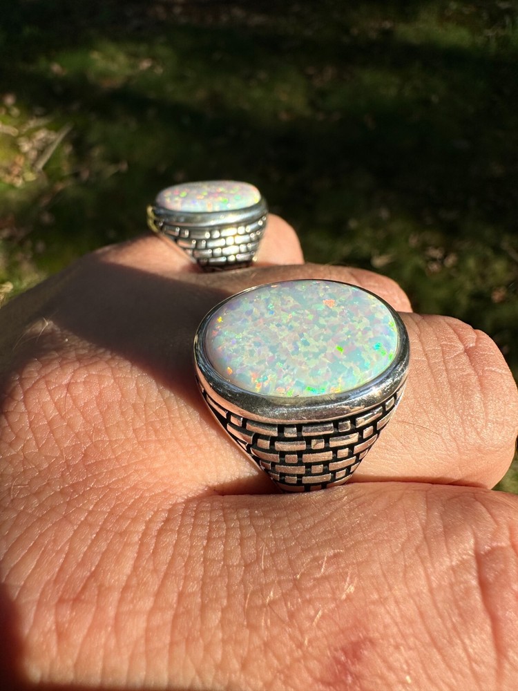 Real 925 Sterling Silver Lab Created White Fire Opal Gem Stone Ring Large Mens