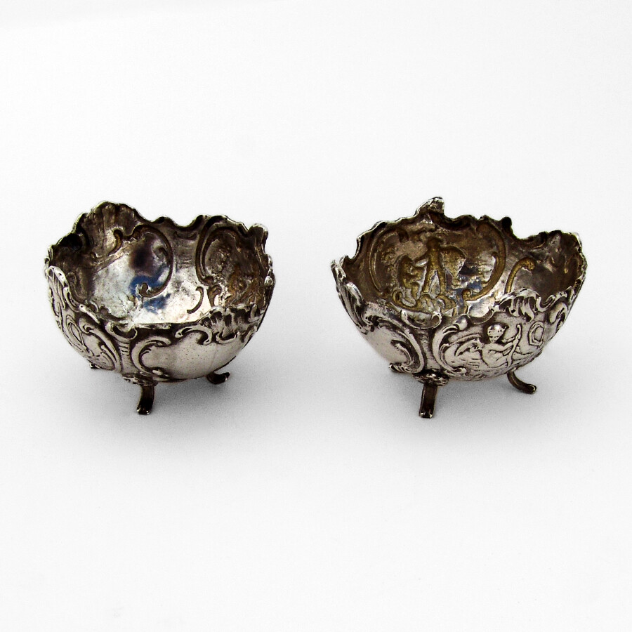 German Repousse Cherub Open Salts Pair Footed 930 Sterling Silver