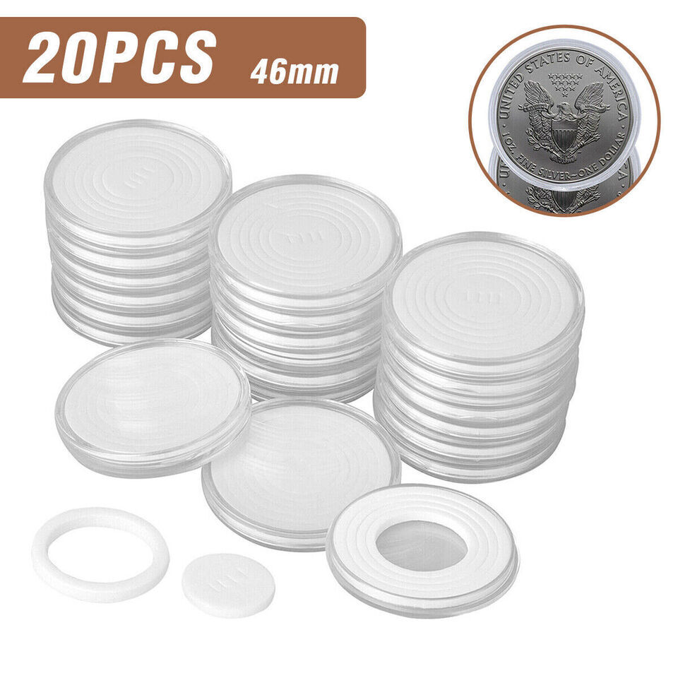 20PCS 46mm Clear Coin Storage Box Round Plastic Case Capsules Container Holder