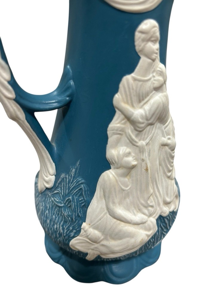 Barbara Taranto Blue Jasperware-Style Relief Pitcher Signed 6.75” Vintage