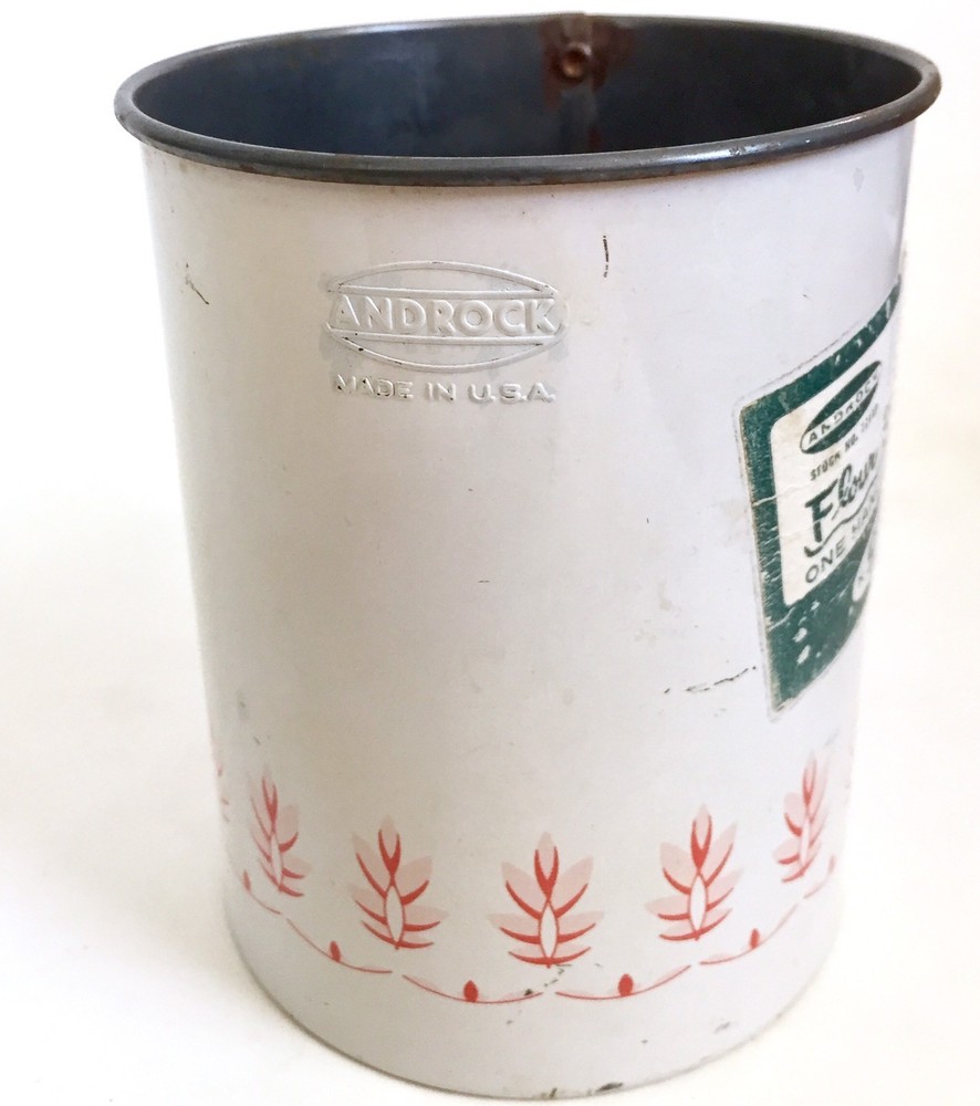 Vtg Androck Flour Sifter 3 Cup White Wheat Litho Rustic Rusty Kitchen Decor