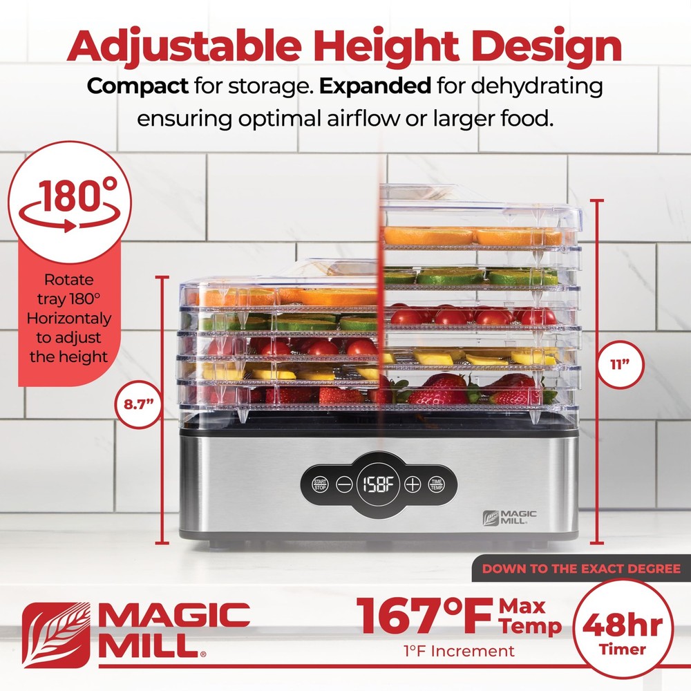 Magic Mill Food Dehydrator Machine | 5 Stackable Stainless Steel Trays, 48H D...
