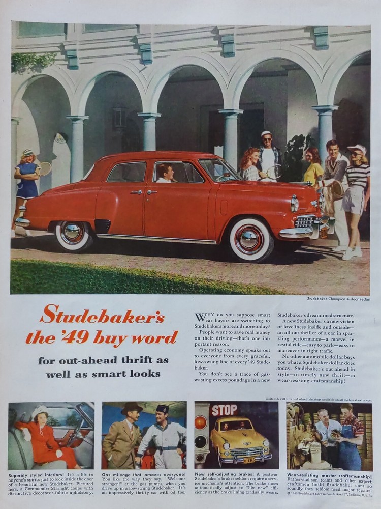 1949 vintage Studebaker automobile print ad.
