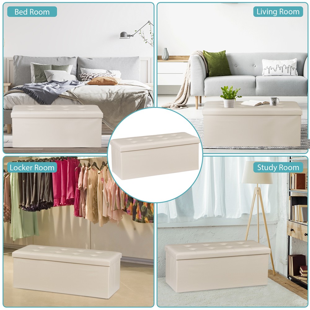 Beige Folding Storage Ottoman Bench Storage Stools Footrest for Home Storage Use