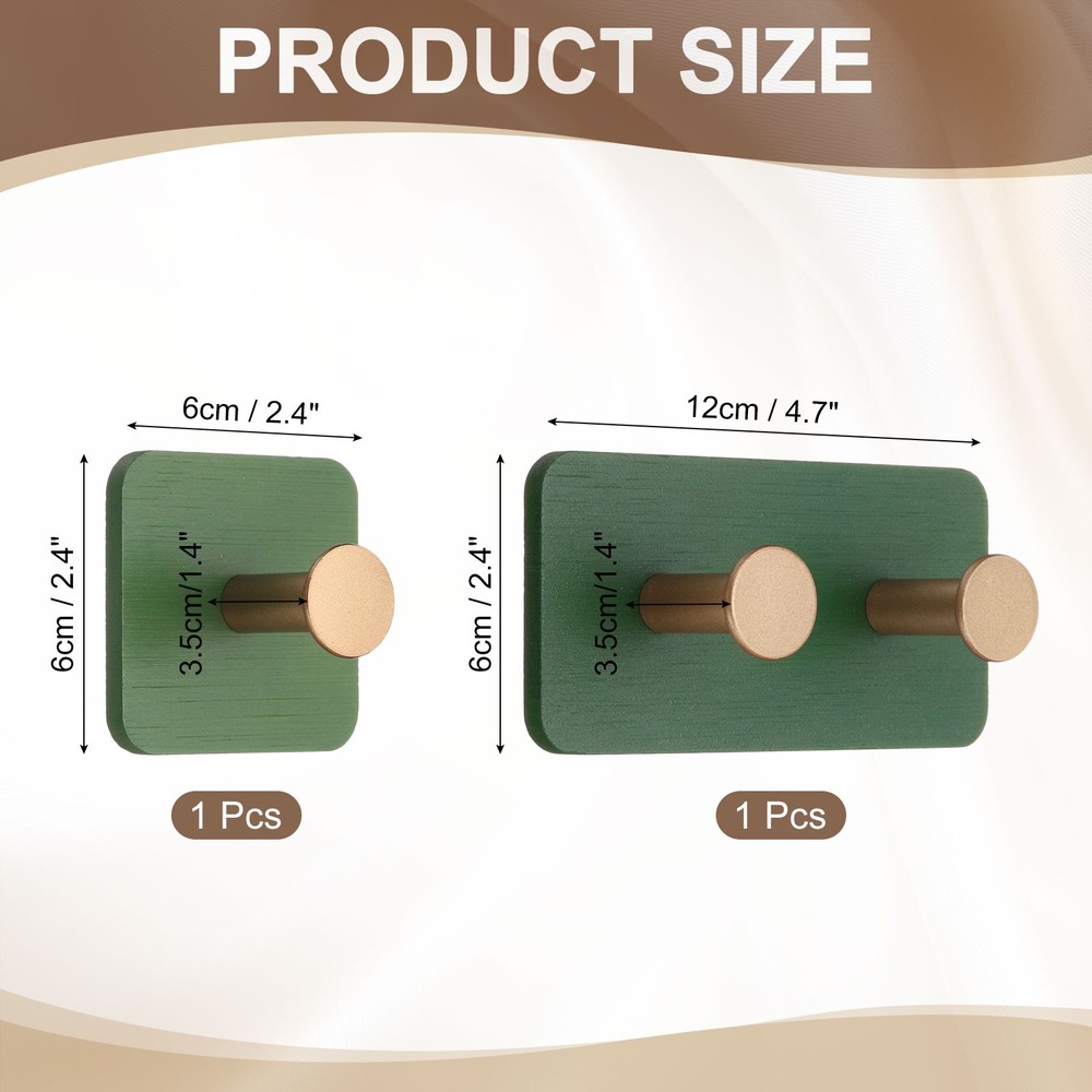 2 Pcs Wood Wall Hook, Self Adhesive Hook, Green/Gold(Square, Double/Single Hook)