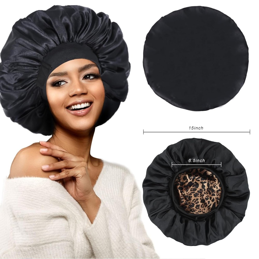 Silk Bonnet for Sleeping Double Layer Satin Adjustable Bonnets Leopard