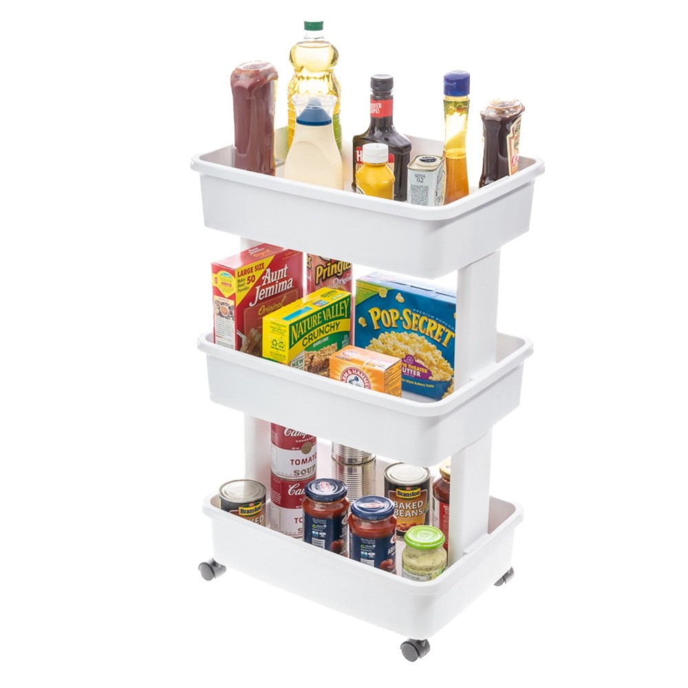 Arctic White 3-Tier Plastic Cart - Multipurpose, Rolling Design for Laundry
