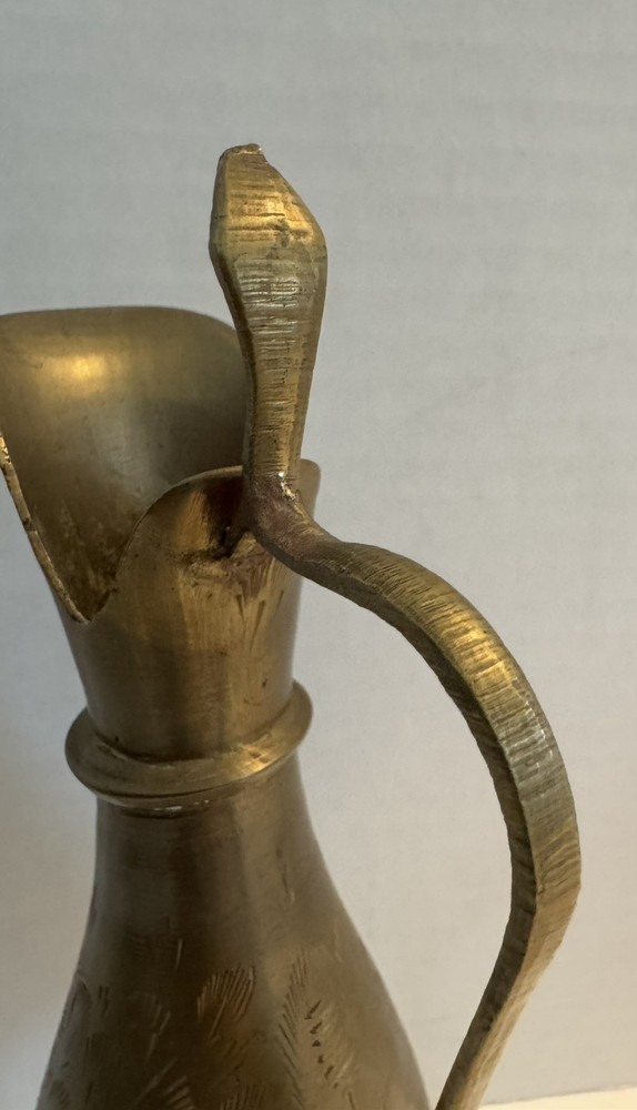 Solid Brass Pitcher 9.5" Floral Leaf Etched Cobra Head Handle Vase