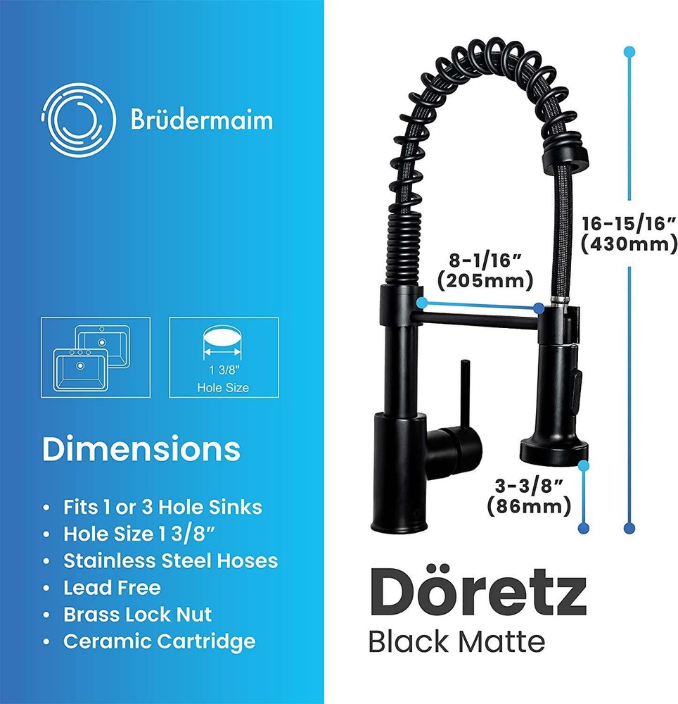 Döretz Pulldown Kitchen Faucet with Single Handle, Lead-Free Brass, Matte Black