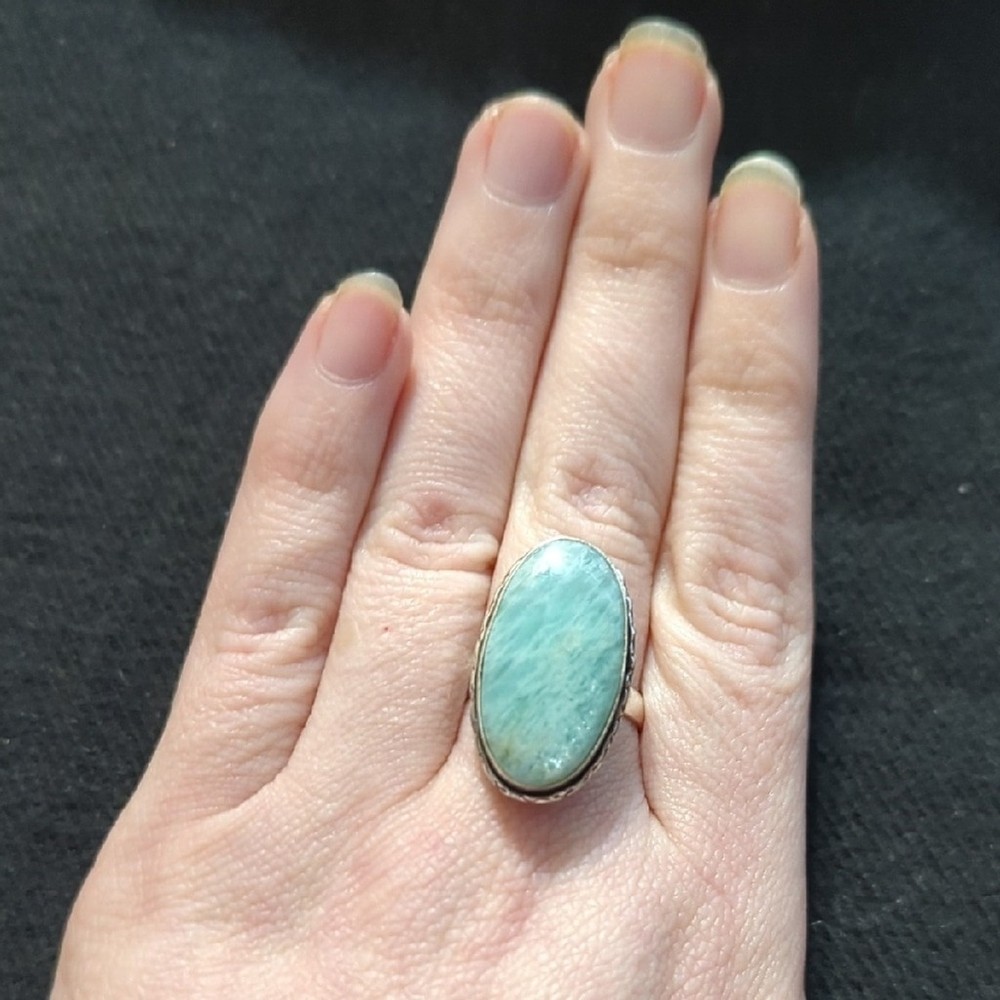 Silver Plated Pastel Blue Green Amazonite Gemstone Oval Statement Ring -Size 9.5