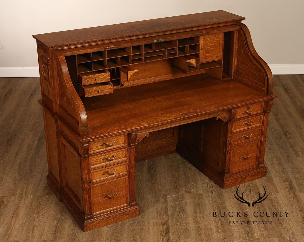 Oak Roll Top Desk With Carved 'Reading Hardware Co." Crest Panel