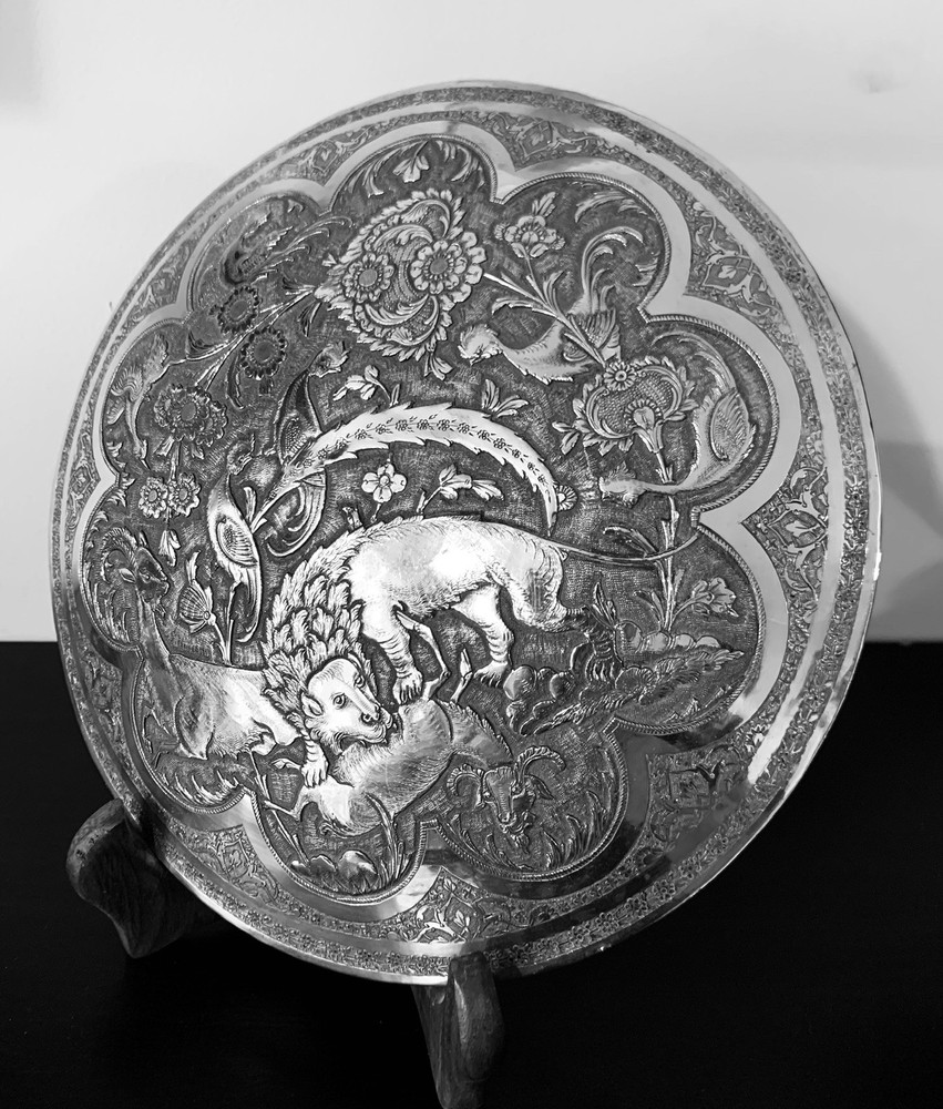Antique hand engraved persian islamic arabic solid silver round box 945 g