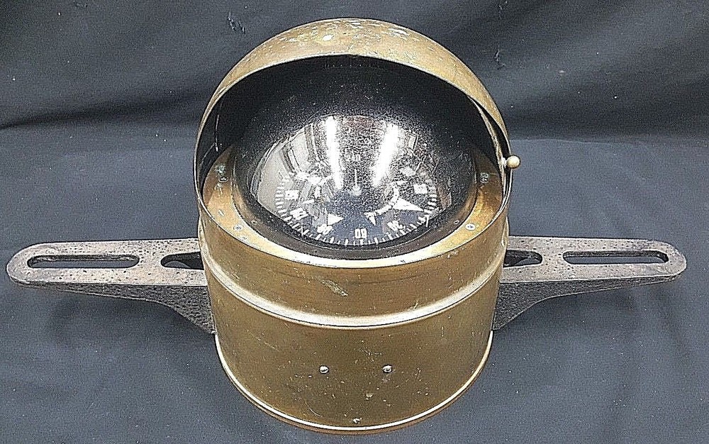 Vintage E.S. Ritchie & Son Maritime Brass Water Based Binnacle w/ Mount Brackets