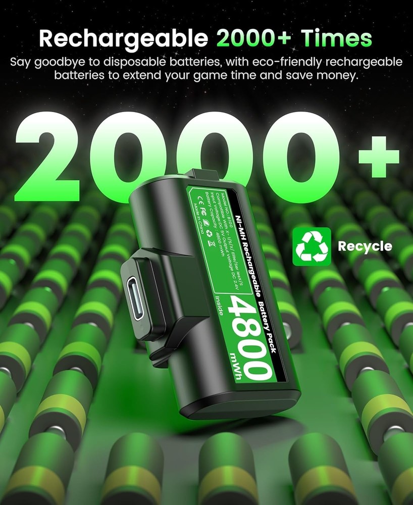 Dual 4800mWh Xbox One Controller Battery Pack & USB-C with LED Charge Indicator