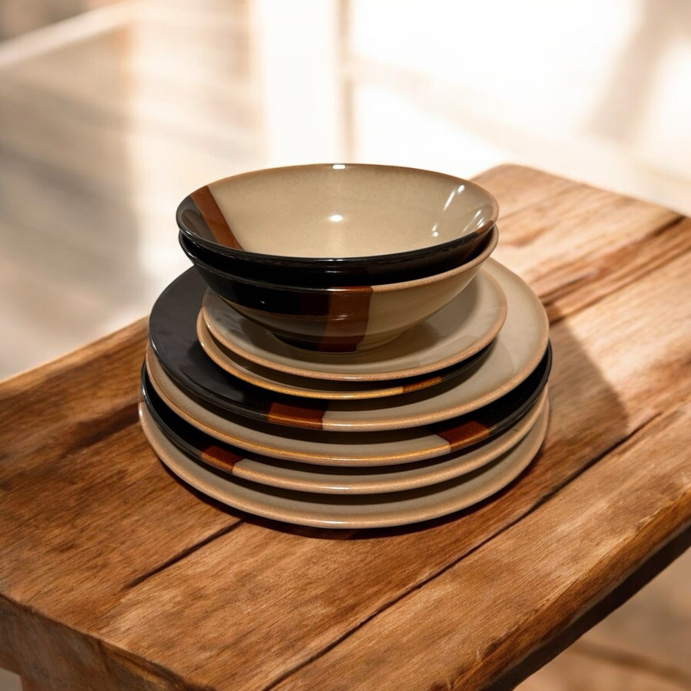 SET OF 8 Sango Tempo Black stoneware dinnerware set.