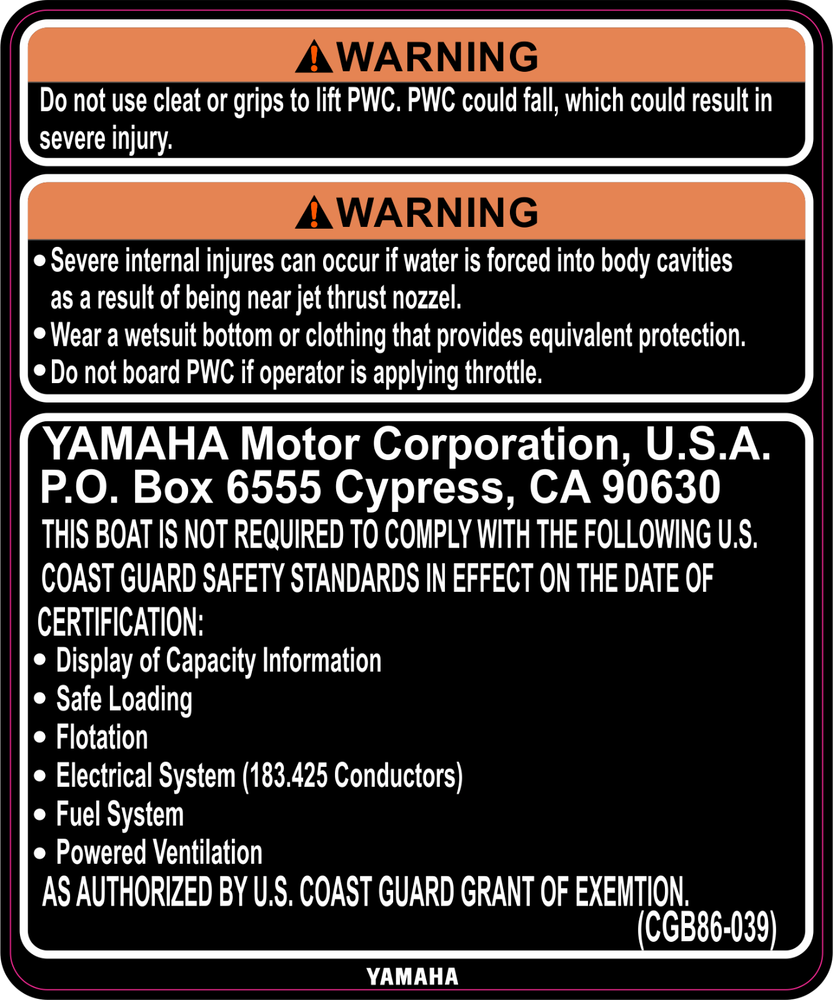 YAMAHA WAVERUNNER VX 2016-2018 Graphics / Decal Warning / Sticker Kit
