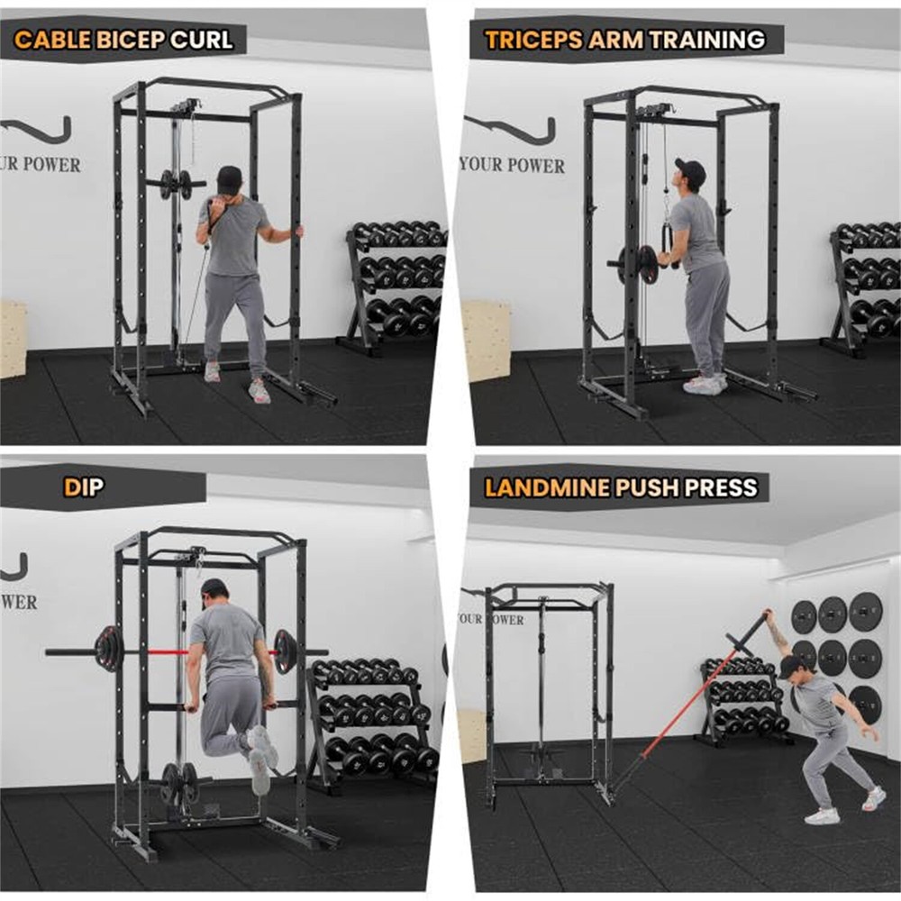 1600LBS Power Cage with LAT Pulldown Multi-Functional Power Rack with J-Hooks