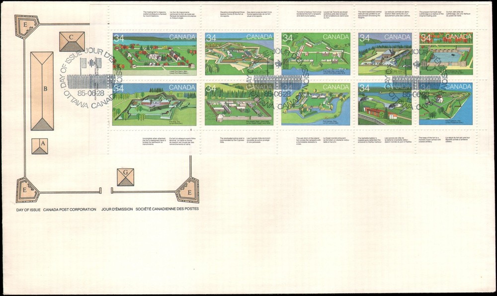 Canada #1050-1059 FDC, forts, 1985