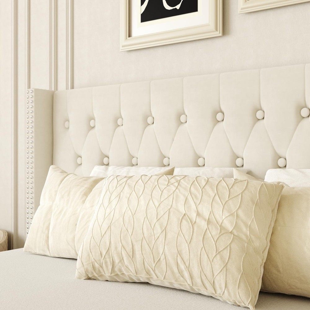 Queen Size Bed Frame, Upholstered Platform Bed with Wingback Headboard, Velve...