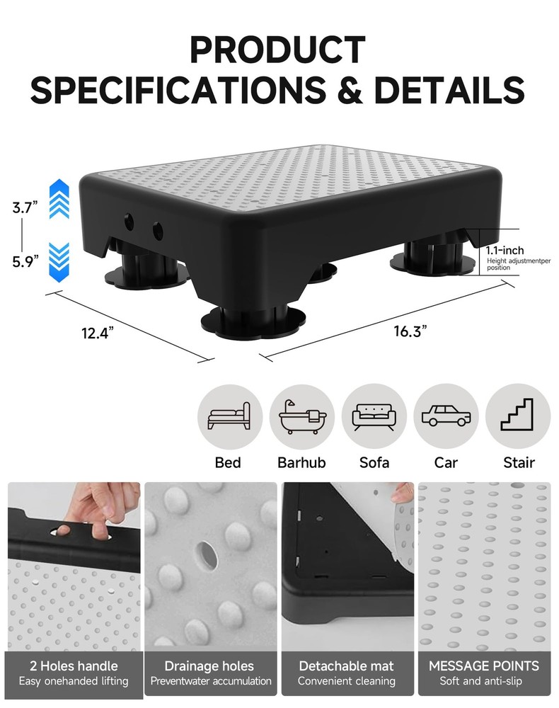 Adjustable Step Stool for Adults, Bed Step Stools, 600 LBS Capacity Safety Wi...