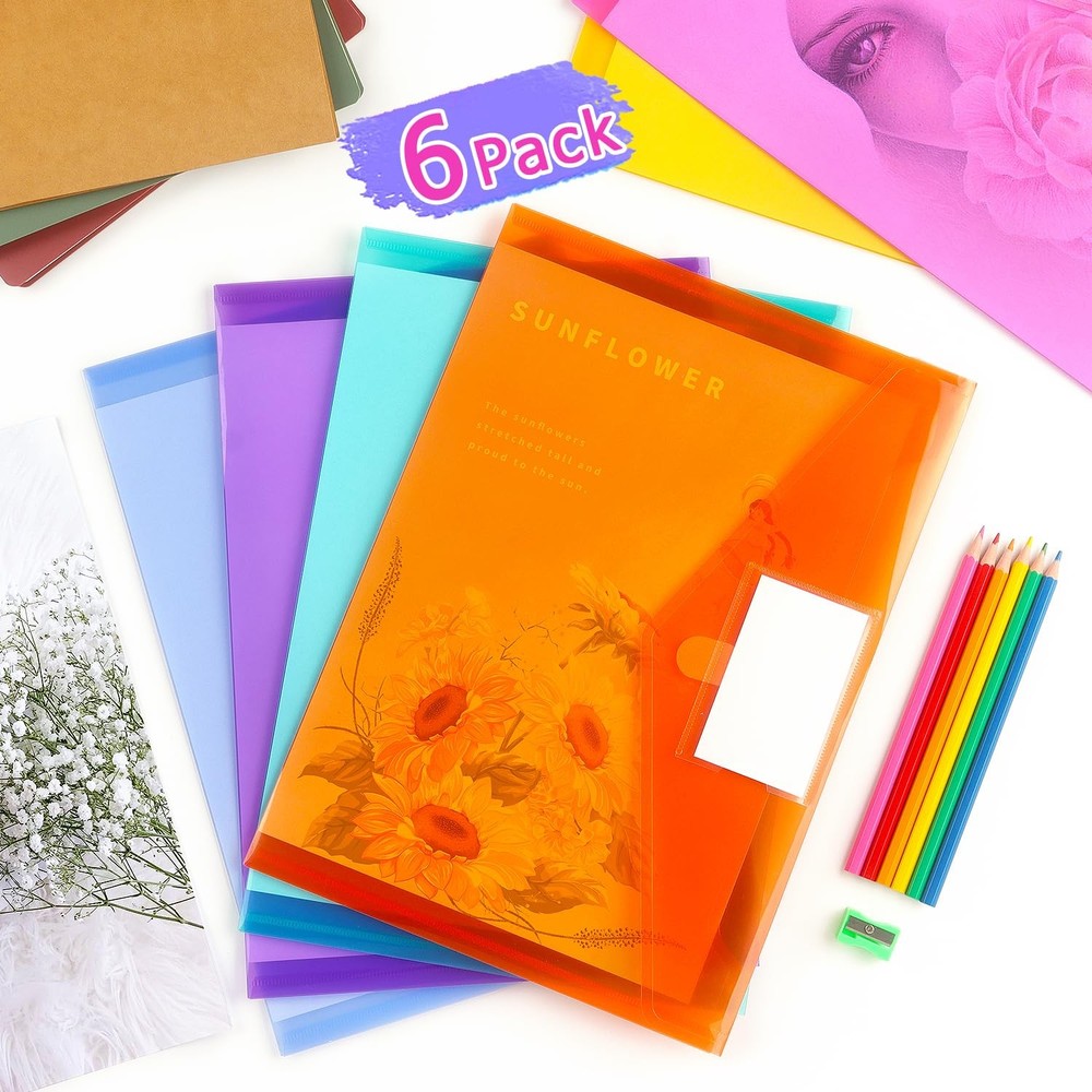 6 PCS Plastic File Folders Envelopes for Documents, School Office Reusable