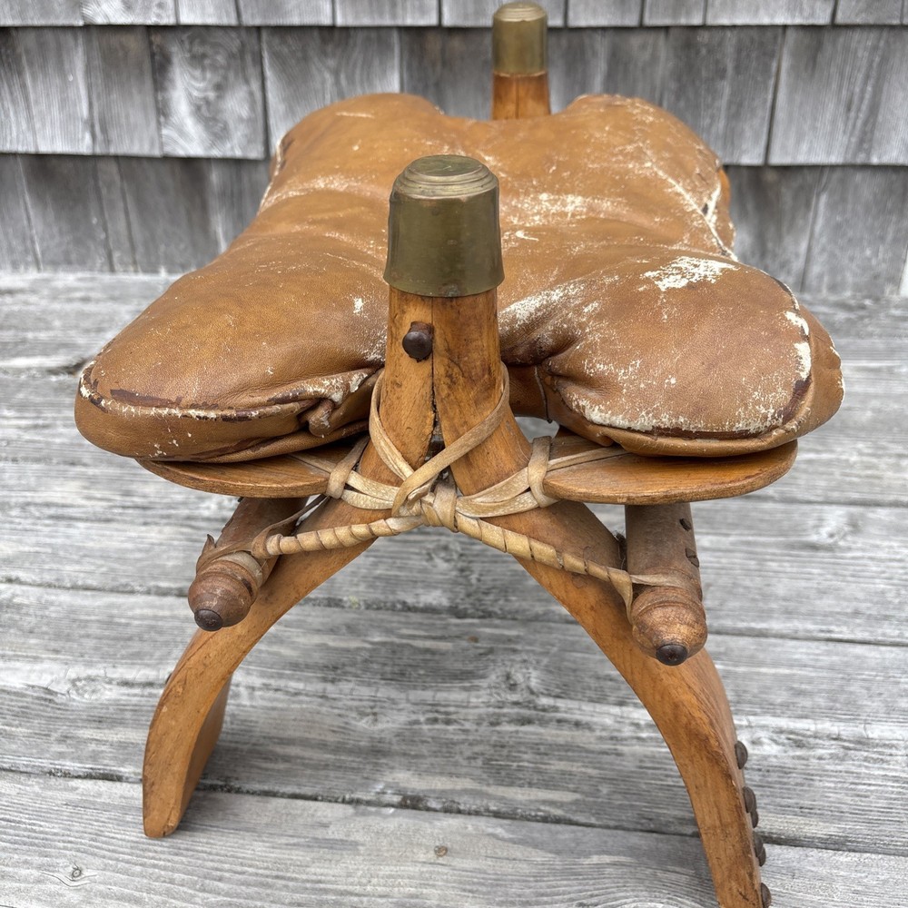 Vtg Camel Saddle Stool Brass Caps Leather Ottoman Rustic Modern Heritage Decor