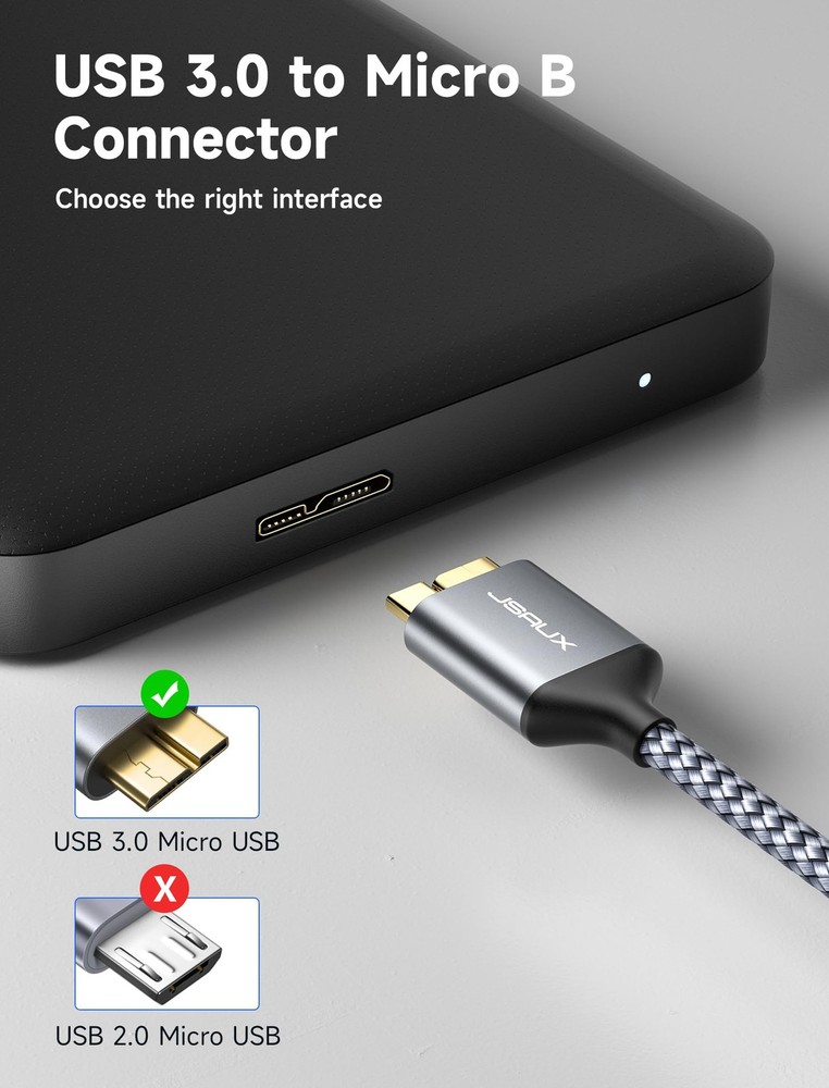 JSAUX Micro USB 3.0 Cable [2 Pack, 3.3ft+6.6ft], A 3.3ft+6.6ft, Grey