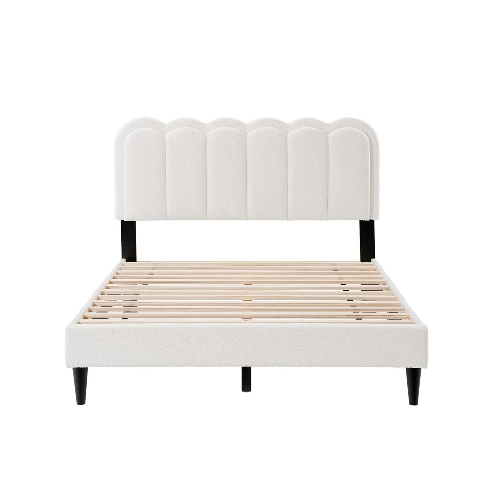 Full/Queen Size Platform Bed Frame w/ Upholstered Headboard & LED Light White