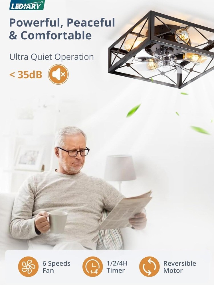 Caged Flush Mount Square Rustic Low Profile Ceiling Fans with Lights and Remote