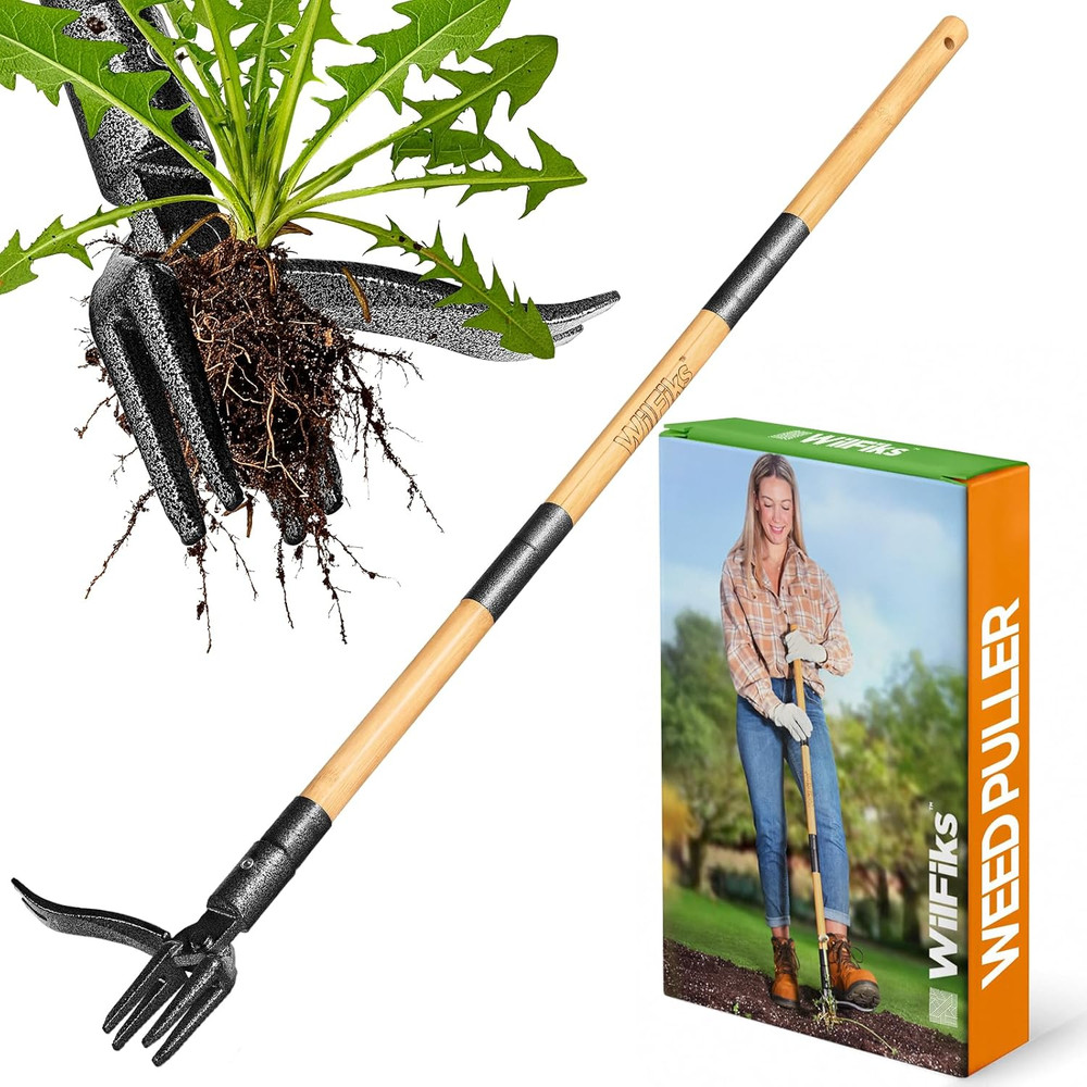 4-Claw Stand Up Weed Puller Tool Stainless Steel 44" Bamboo Handle Manual Weeder