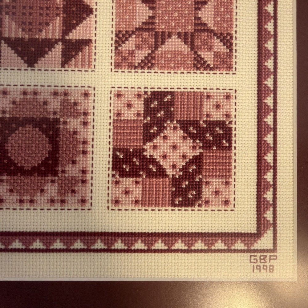 Vintage Handmade Framed Cross Stitch Quilt Pattern Blocks Wall Decor Pinks