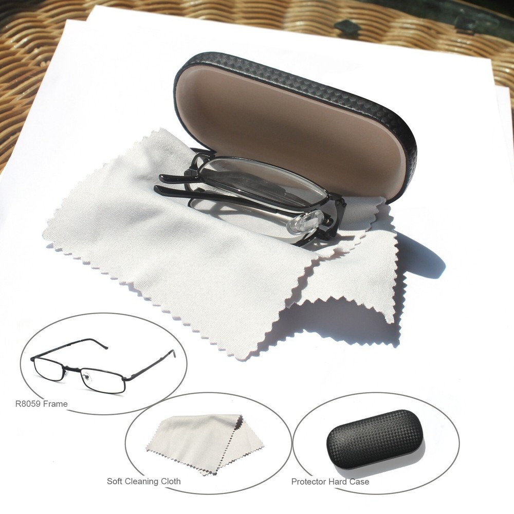 EYEZOOM Compact Rectangular Metal Folding Reading Glasses with Leather Case