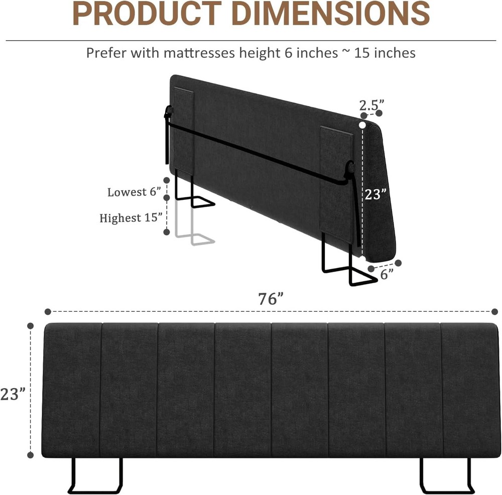 King Size Upholstered Headboard Black Linen Thick Bed